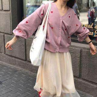 Heart-embroidered Cardigan / Chiffon Skirt