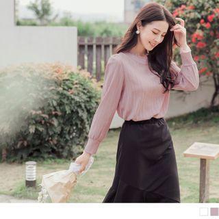 Mesh Panel Frilled Trim Long-sleeve Top