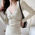 Long-sleeve V-neck Cutout Slit Knit Midi Sheath Dress