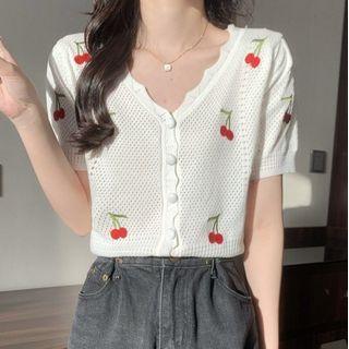 Shor-sleeve Cherry Embroidered Knit Top White - One Size