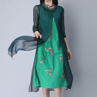 Mock Two Piece Flower Embroidered Elbow Sleeve Dress