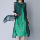 Mock Two Piece Flower Embroidered Elbow Sleeve Dress