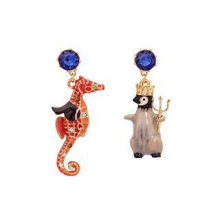 Fashion Cute Plated Gold Enamel Penguin Hippocampus Asymmetric Stud Earrings With Cubic Zirconia Golden - One Size