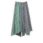 Two-tone Gingham Panel Irregular Hem Midi A-line Skirt