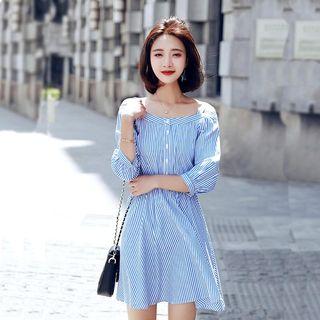 Striped Cold Shoulder 3/4-sleeve A-line Dress