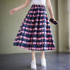 Cherry Print Midi A-line Skirt Pink & Navy Blue - One Size