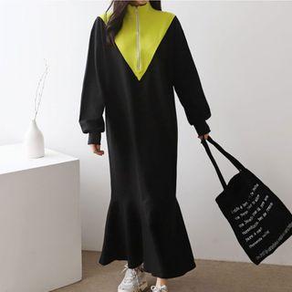Long-sleeve Two Tone Midi Dress