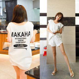Set: Cap-sleeve Lettering Long Top + Asymmetric-hem Sweatshorts