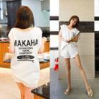 Set: Cap-sleeve Lettering Long Top + Asymmetric-hem Sweatshorts