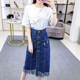 Set: Elbow-sleeve Pocket T-shirt + Tasseled Denim A-line Skirt