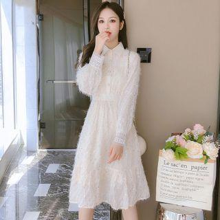 Sequined Long-sleeve Midi Collared A-line Dress