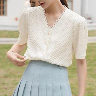 Elbow-sleeve V-neck Button-up Top