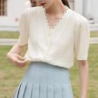 Elbow-sleeve V-neck Button-up Top