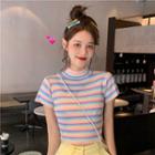 Mock-neck Striped Short-sleeve T-shirt As Shown In Figure - One Size