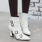 Pointy Buckled Chunky Heel Short Boots