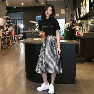 Set: Short-sleeve T-shirt + Midi Plaid A-line Skirt