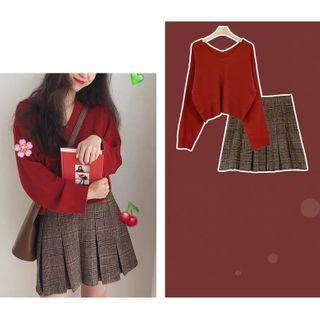 Sweater / Plaid Mini A-line Skirt / Set