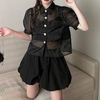 Short-sleeve Mesh Blouse / Camisole Top / Shorts / Set