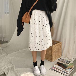 Dot Elastic-waist Corduroy Pleated Skirt