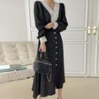 Smock-waist Lace-trim Long Shirtdress Black - One Size