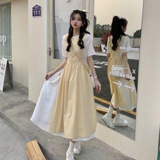 Short-sleeve Midi A-line Dress / Midi Overall Dress