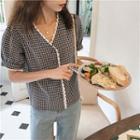 Check Lace V-neck Short-sleeve Blouse