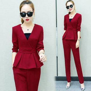 Set: Long-sleeve V-neck Top + Straight Fit Pants