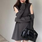 Cold Shoulder Long T-shirt Dark Gray - One Size
