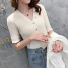 Button Detail Elbow-sleeve Knit Top