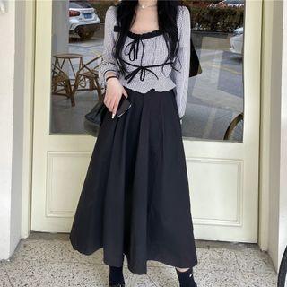 Plaid Bow Cropped Blouse / Midi A-line Skirt / Set