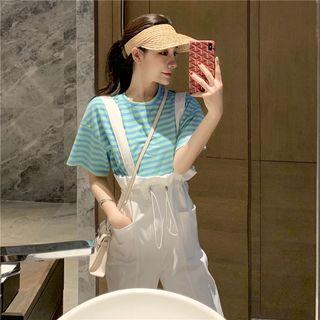 Striped Short-sleeve T-shirt / Suspender Straight Fit Pants