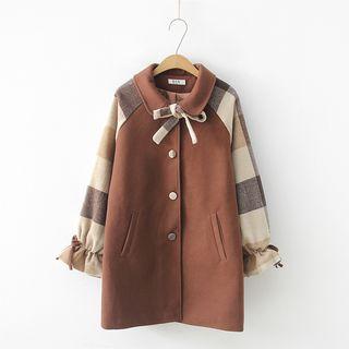 Plaid Panel Tie-neck Button Coat As Shown In Figure - One Size