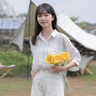 Elbow-sleeve Striped Shirt Almond - One Size