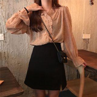 Ruffle-trim Floral Bell-sleeve Blouse As Shown In Figure - One Size