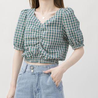 Short-sleeve Plaid Shirred Cropped Blouse