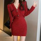 Set: V-neck Cropped Cardigan + Mini Pencil Skirt