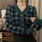 Two-tone Plaid Cropped Cardigan Green & Navy Blue - One Size
