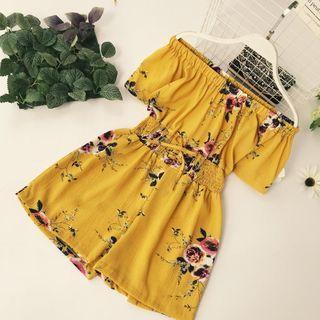 Elbow-sleeve Floral Print Off Shoulder Playsuit