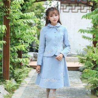 Set: Embroidery Button Jacket + Embroidery A-line Skirt