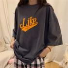 3/4-sleeve Letter Print Loose-fit T-shirt