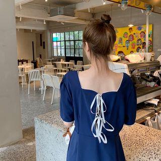 Square Neck Short-sleeve Dress Blue - One Size