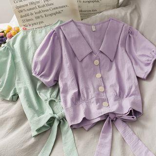 Gingham Ribbon-back Crop Shirt