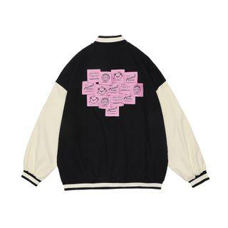 Cartoon Print Paneled Baseball Jacket