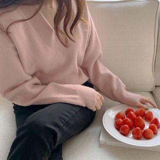 V-neck Pastel Knit Top Pink - One Size