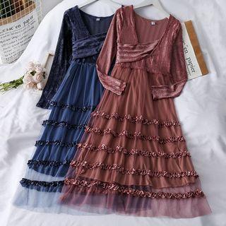 Patchwork Ruffled-trim V-neck Dress