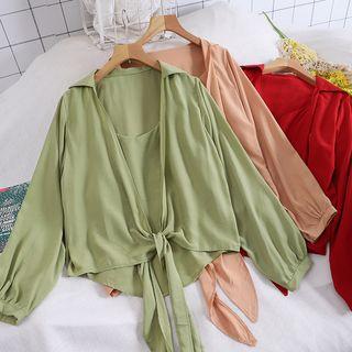 Mock Two-piece Tie-waist Long-sleeve Blouse