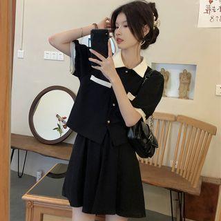 Short-sleeve Two-tone Blouse / Wide Leg Shorts