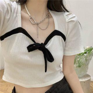 Short-sleeve Bow Cropped T-shirt White - One Size