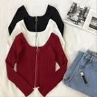Plain Square-neck Striped Long-sleeve Cardigan