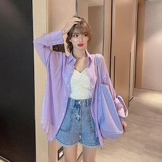 Shirred Camisole Top / Washed Denim Shorts / Plain Shirt / Set